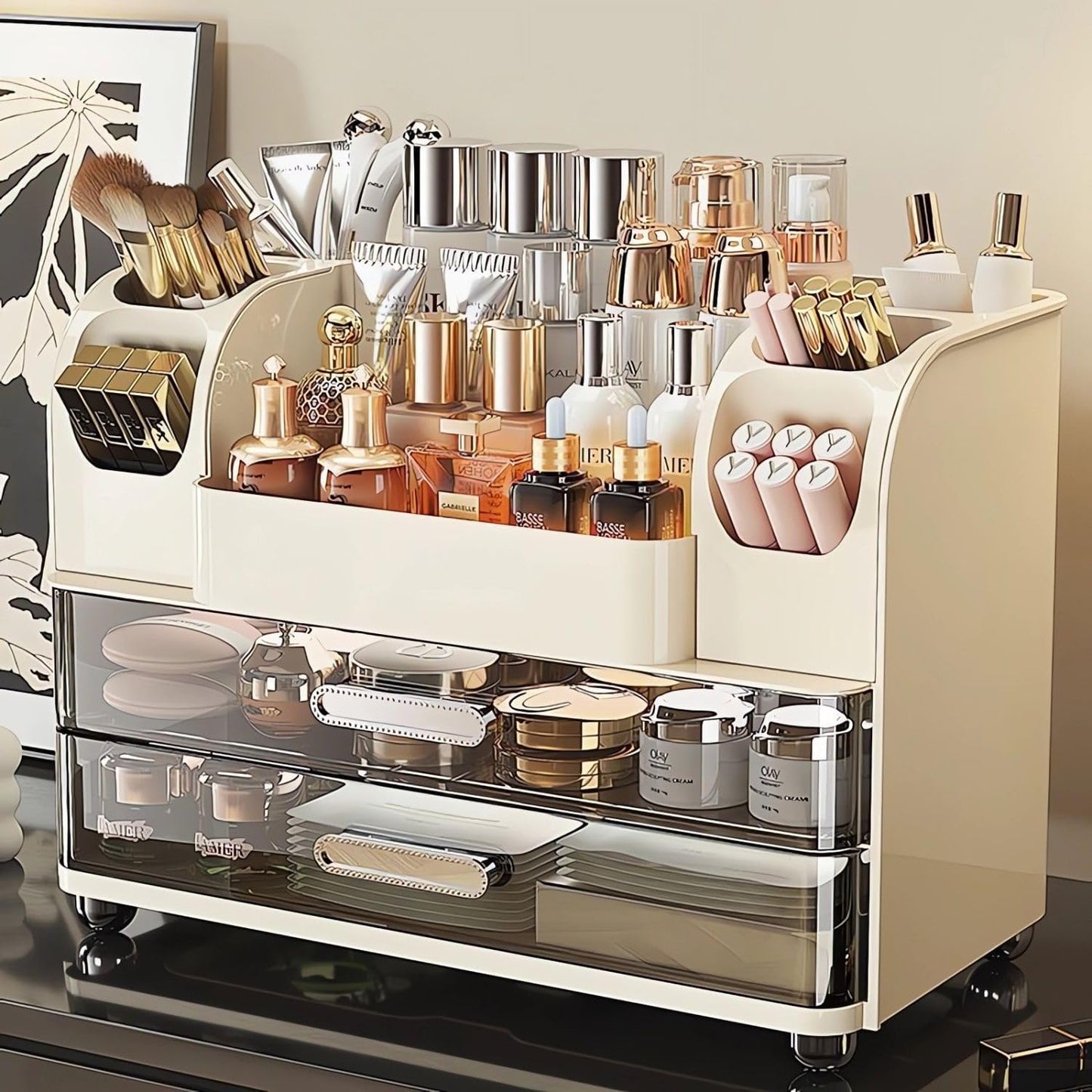 Makeup Organizer - 2 Drawer Cosmetic Display Case for Vanity & Bathroom | Cream Color Storage Holder