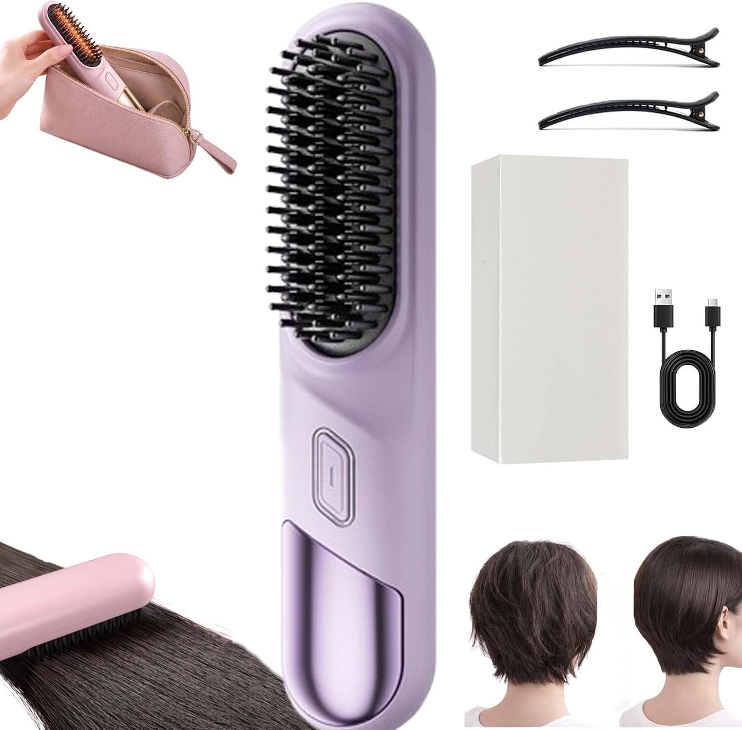 Smart Comb for Short Hair - Cordless Styling Brush with 30s Fast Heat & 4 Temperature Settings | USB Rechargeable (Pink)