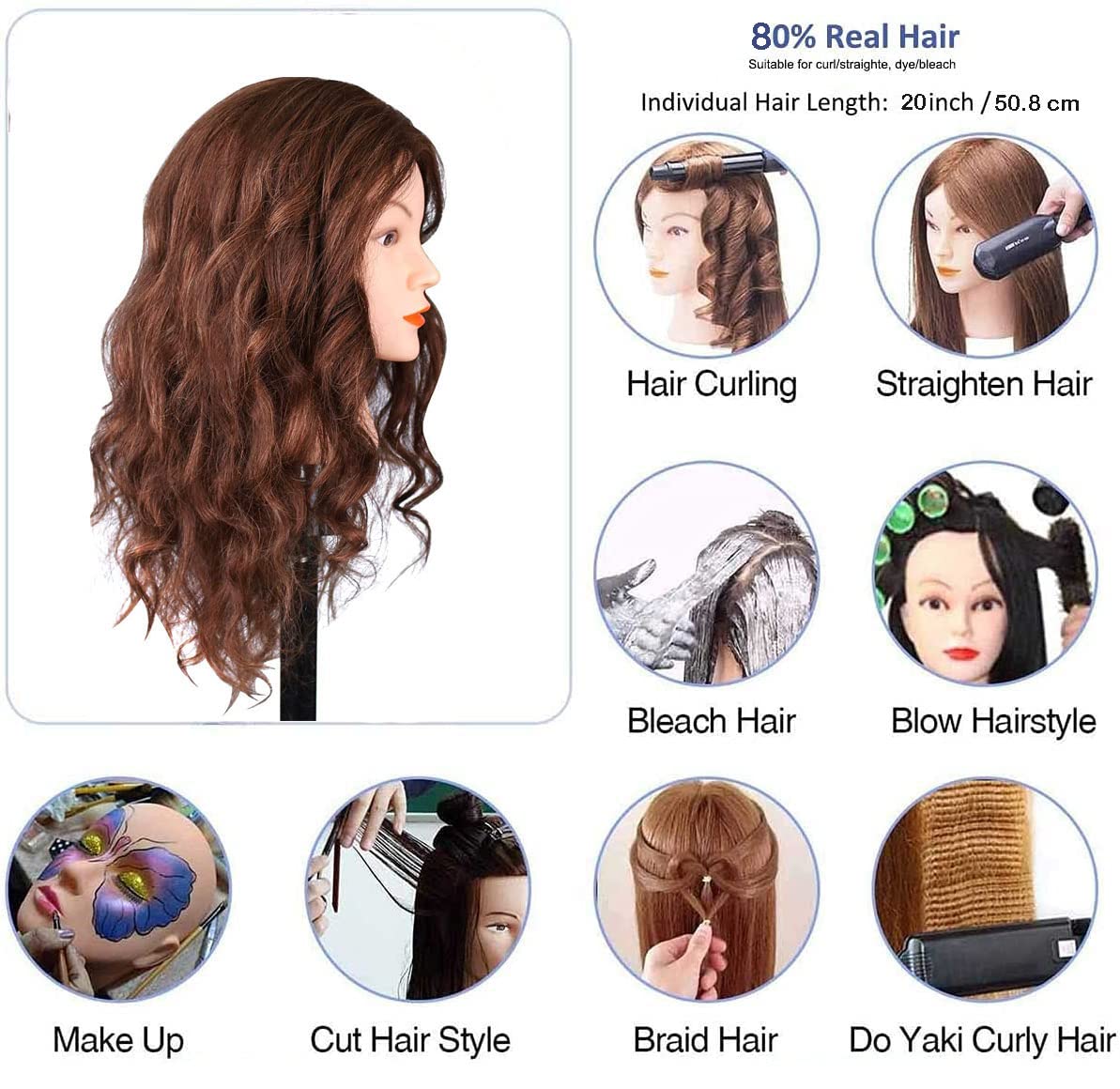 Mannequin Head with Human Hair, 18 inch Mannequin Head with Tripod Stand, Real Hair Cosmetology Makeup Hairdressing Training Head with Wig Stand Tripod, Doll Head for Hair Styling Training with Table