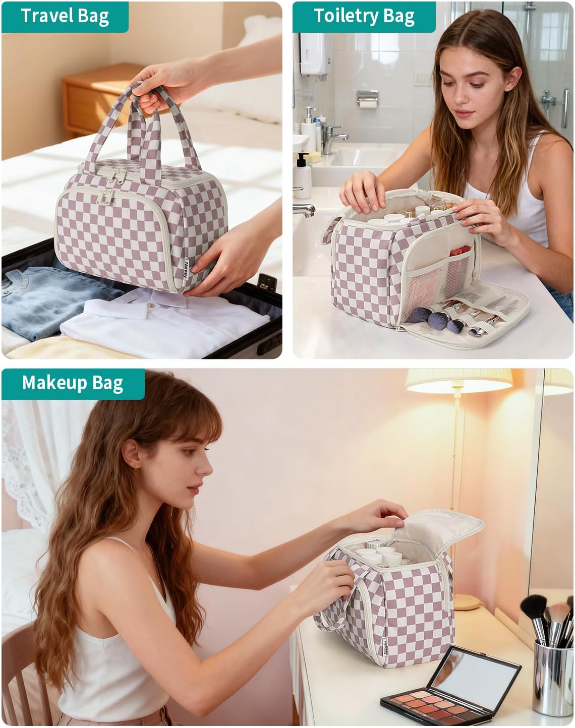 Checkered Travel Toiletry Bag for Women - Large Makeup Organizer with Handle | Dusty Pink Checkerboard