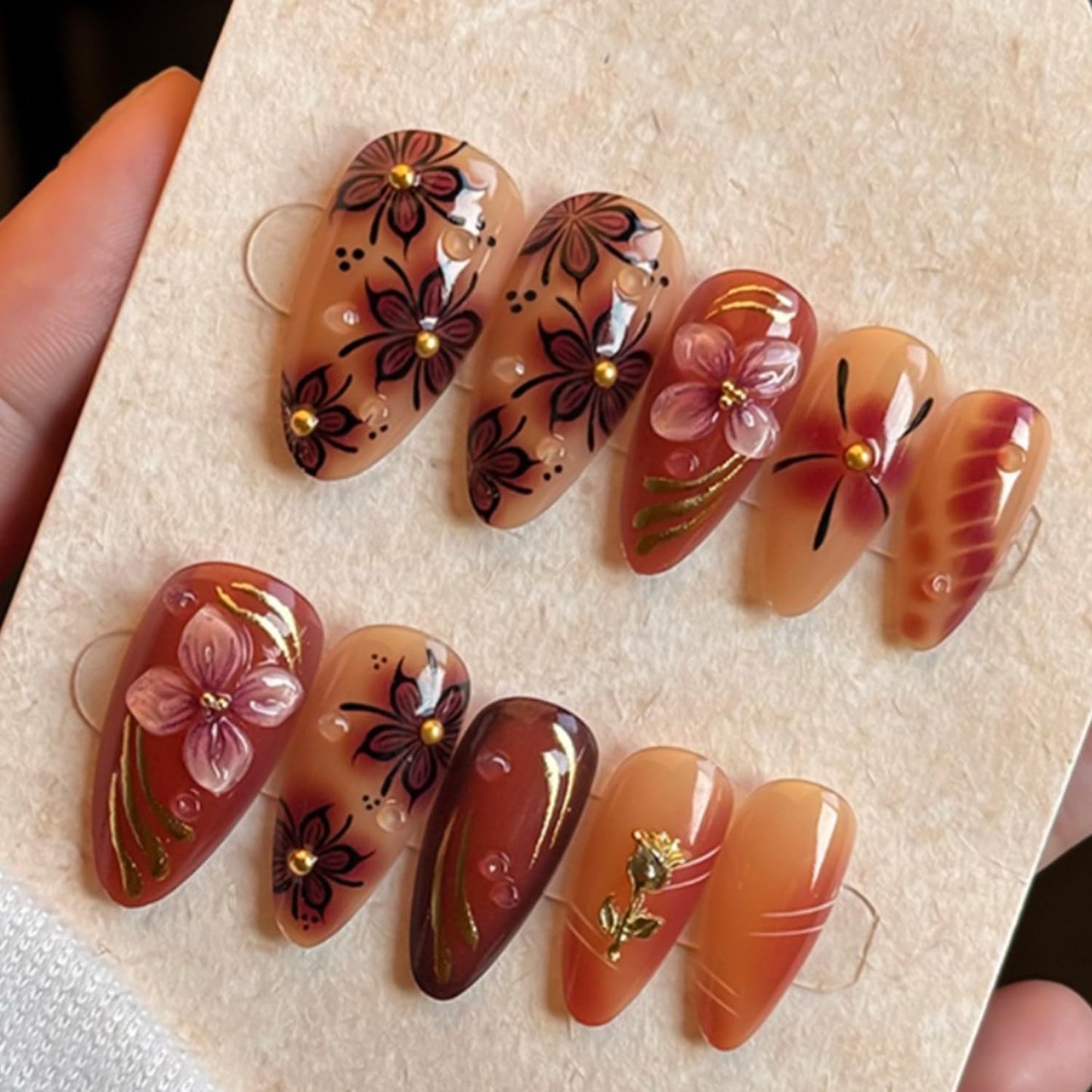 Press-On Nails - 30 Pcs Pink Flower French Tip Design | Short Almond 3D Floral Full Cover Acrylic Set