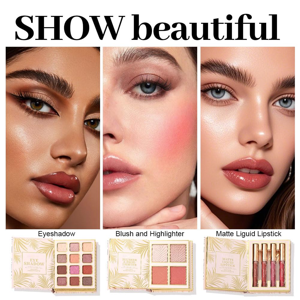 Wenrny Foldable All in One Makeup Palette,20 Color Book Syles Makeup Palette Set with 12 Color Eyeshadow,4-color Highlighter & Blush and 4 Colors Lipstick,All-in-One Face Highlighter Pallet