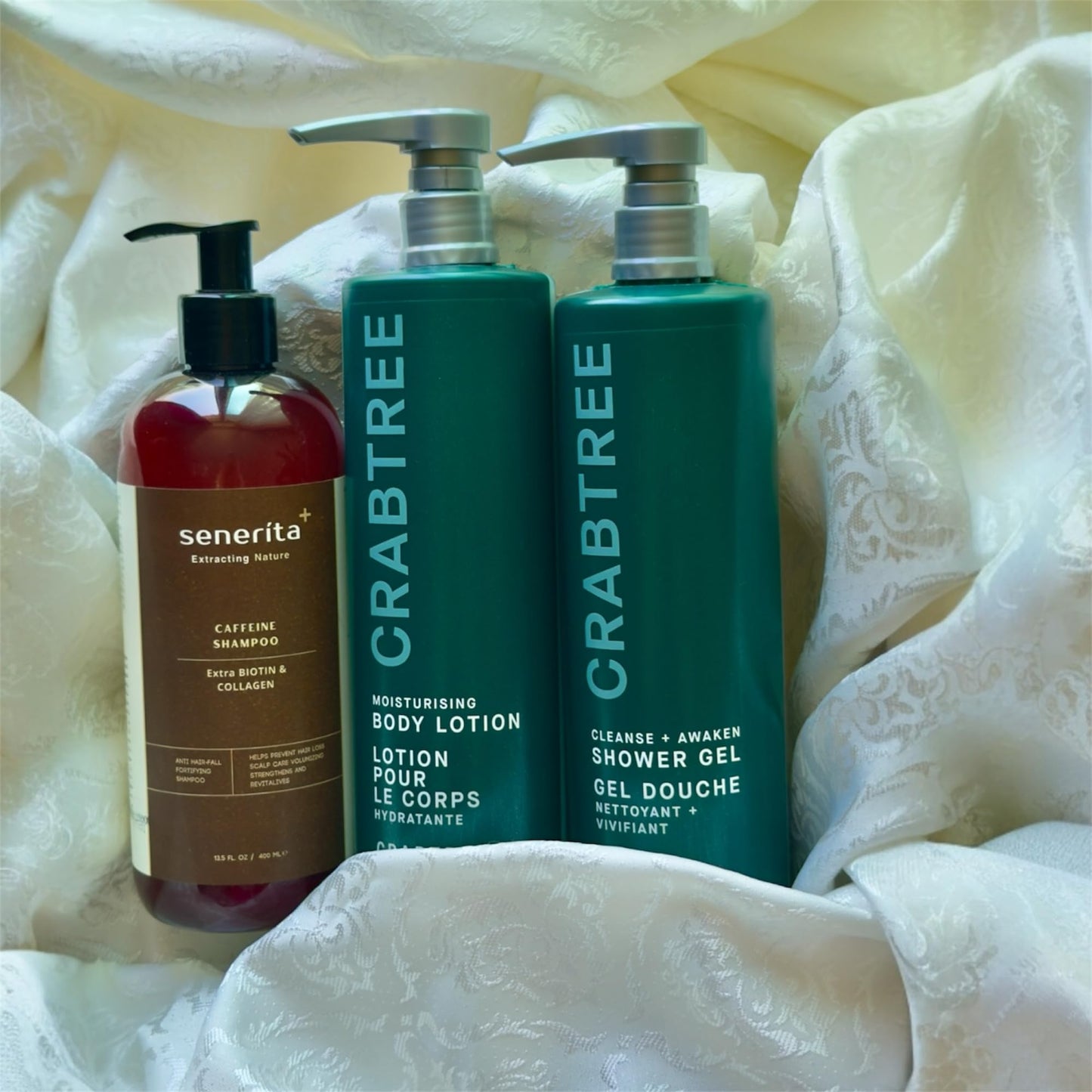 Crab tree Moisturising Body Lotion 443ml, Cleanse and Crab tree 443ml Awaken Shower Gel, Senerita Luxury Hair and Body Care Set, Caffeine Shampoo with Biotin and Collagen 400ml , 3 Piece