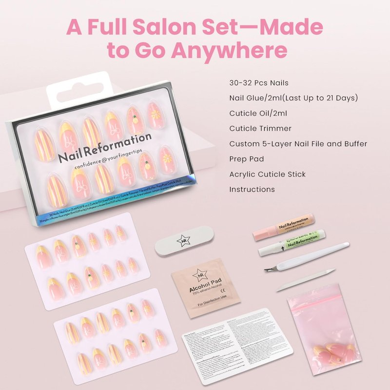 Press On Nails - Lemon Tart Soft Pink Short Almond with Wavy Yellow French Tips & 3D Jewels | 32 Pcs in 16 Sizes