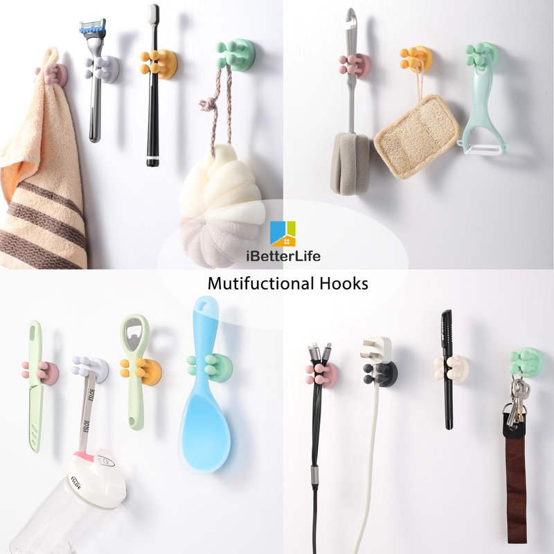 iBetterLife Good Grips Razor Holder - 4Pcs Silicone Toothbrush Holders for Shower Wall Mounted Self Adhesive Cute Dorm Room Bathroom Kitchen Organizer Storage Hook for Hanging Loofah Towel Tooth Brush