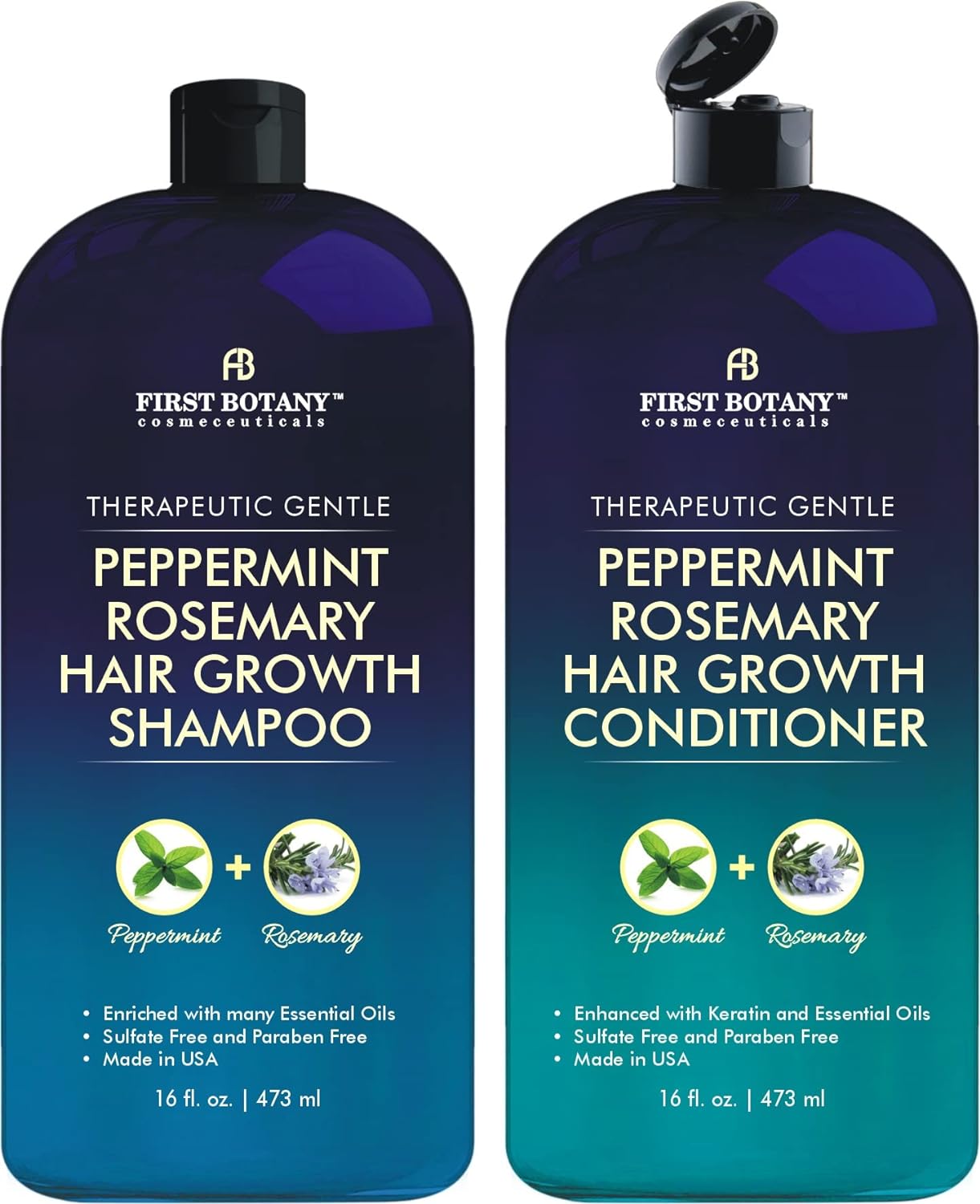 Peppermint Rosemary Hair Regrowth Shampoo & Conditioner Set - Daily Hydrating, Detoxifying, Volumizing | 16 fl oz x 2