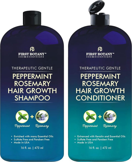 Peppermint Rosemary Hair Regrowth Shampoo & Conditioner Set - Daily Hydrating, Detoxifying, Volumizing | 16 fl oz x 2