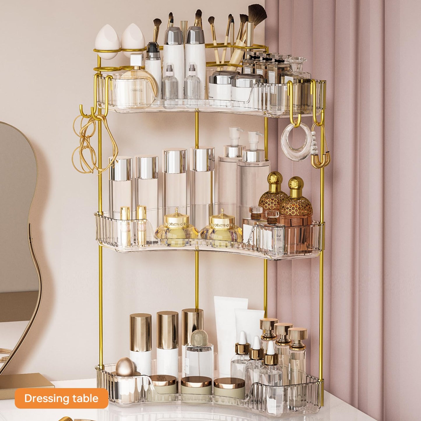 Greenby 3-Tier Corner Bathroom Counter Organizer，Makeup & Skincare Shelf with Built-in Brush Holder，Space-Saving Bathroom Countertop Organizer for Skincare, Perfume, Cosmetics(Clear)