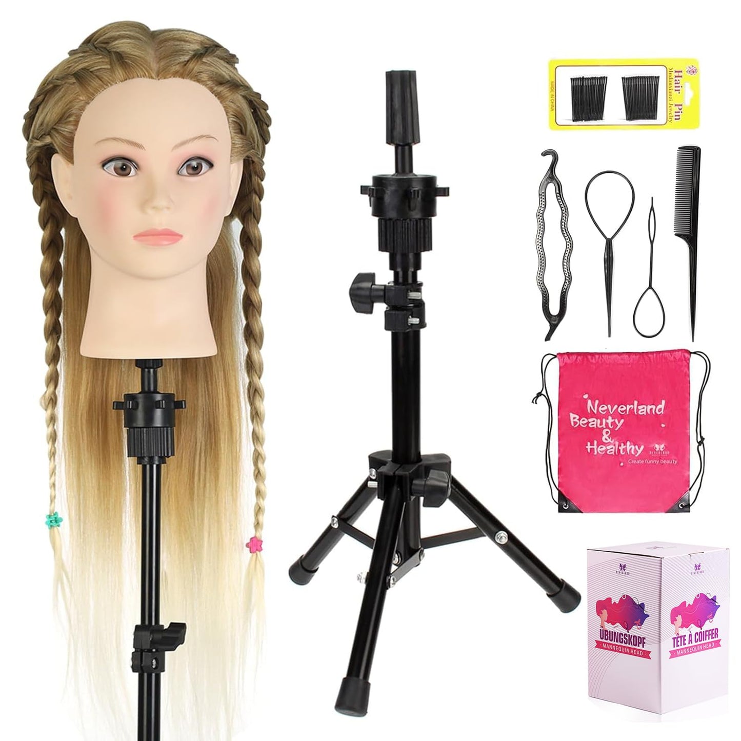 18-Inch Human Hair Mannequin Head for Makeup Practice - Realistic Cosmetology Doll with Tripod Stand | Black