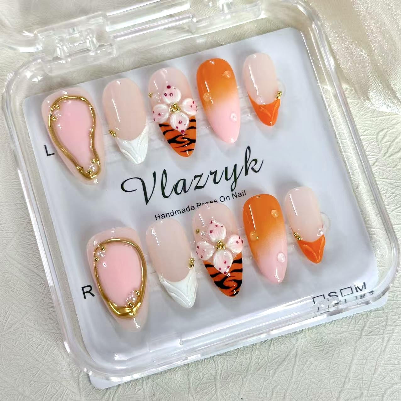Brown French Tip Press On Nails - 3D Metallic Rhinestones | Medium Almond Reusable Acrylic False Nails (10 PCS)