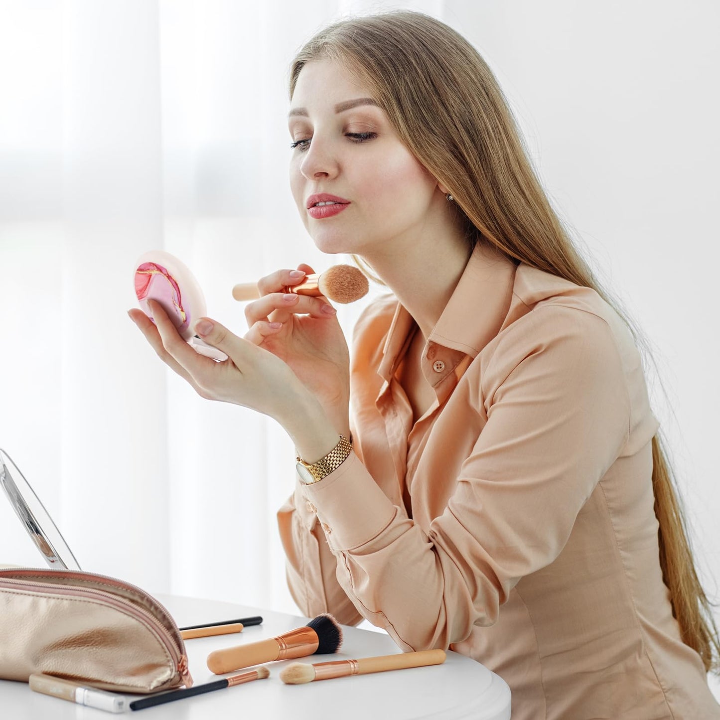 Mengduxd Mini Makeup Mirror Comb, Compact And Foldable, Portable, Women's Handbag Essential, Travel Essential Compact Comb (Pink Marble)