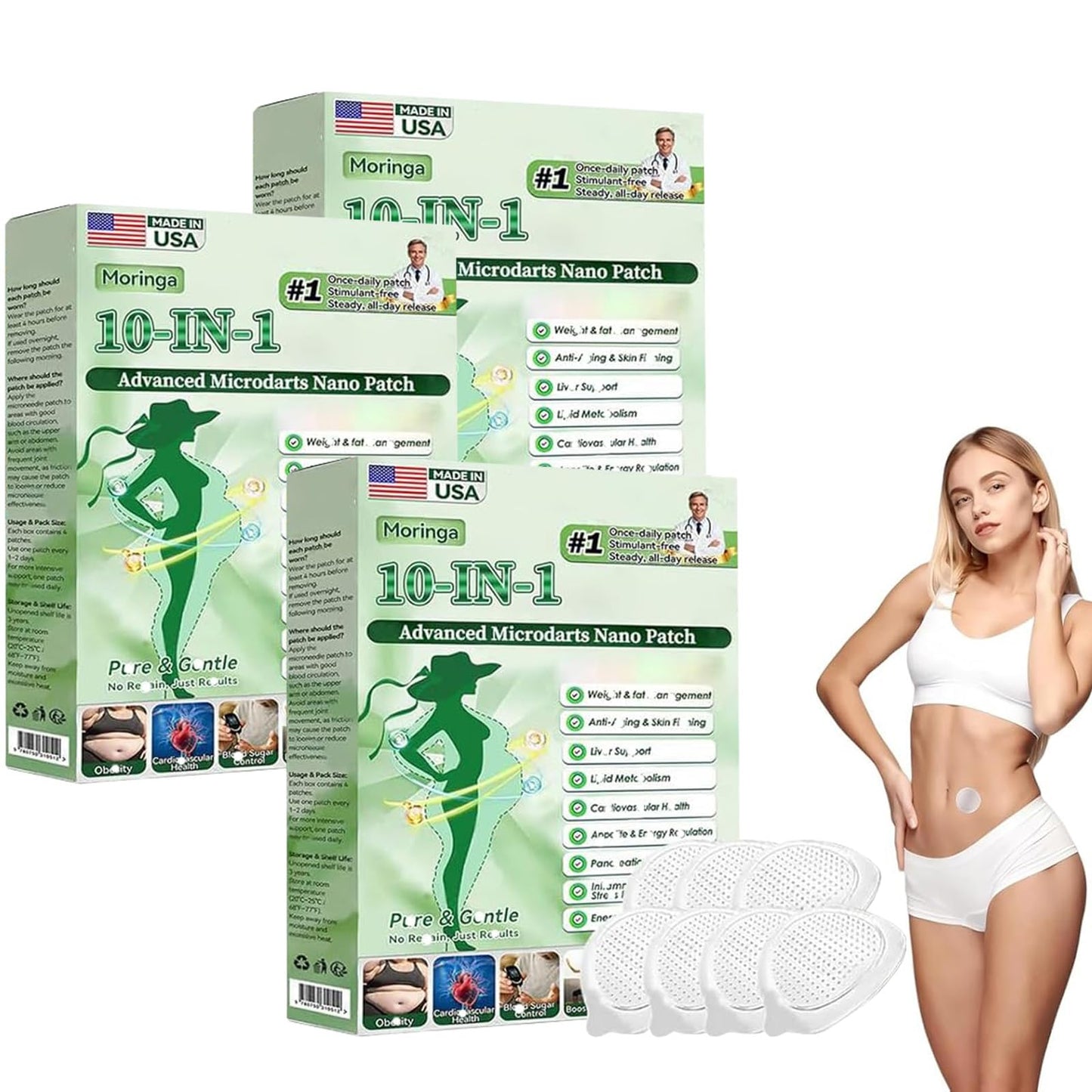 FYFTNMZ Moringa Patch,10-in-1 Nano Microdarts Patch,Natural Formula for Women and Men Suitable for All Skin(3 Boxes) 1
