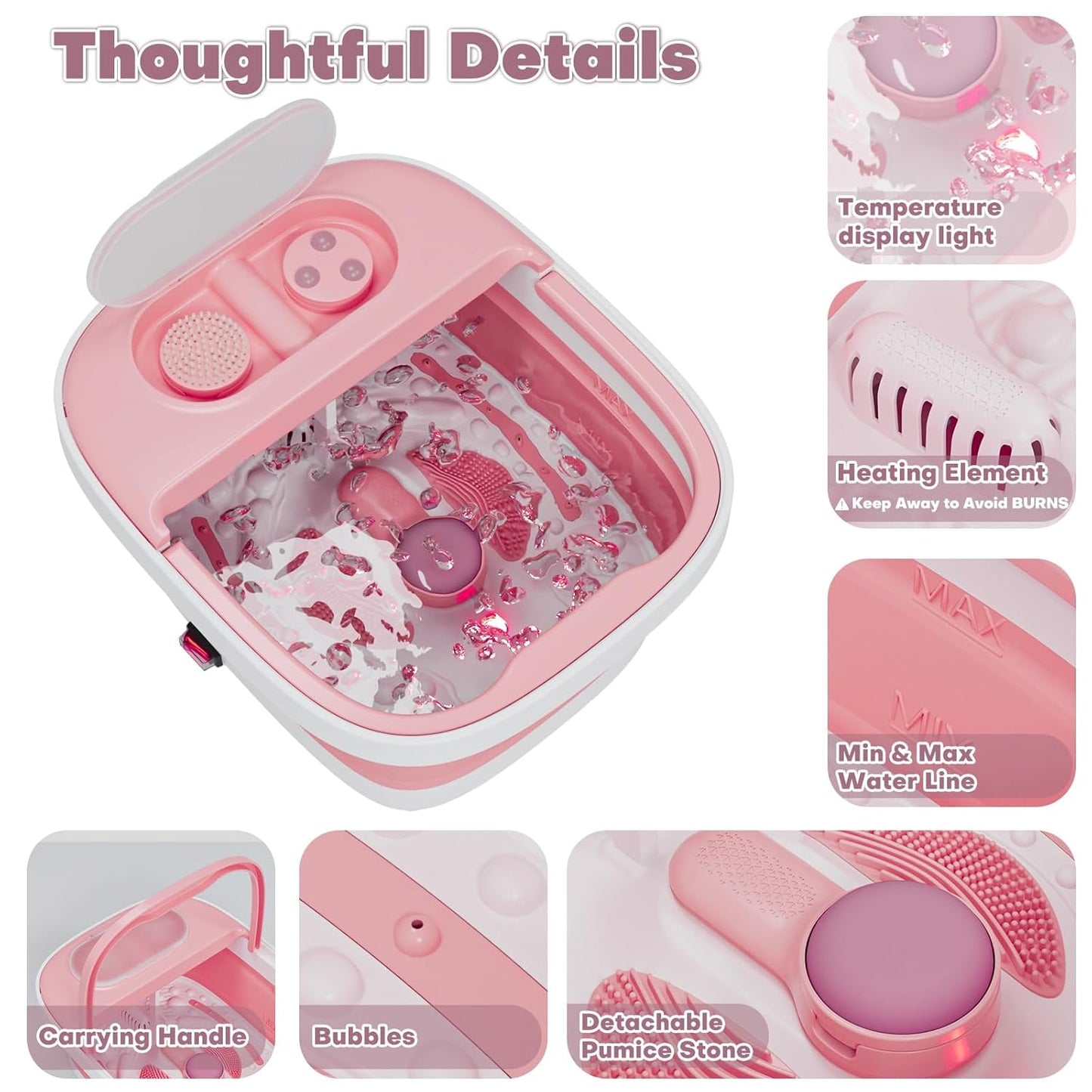 Collapsible Foot Spa Bath Massager - Heated Soaking Tub with Remote & Timer | Includes Pedicure Kit & 3 Attachments (Pink)