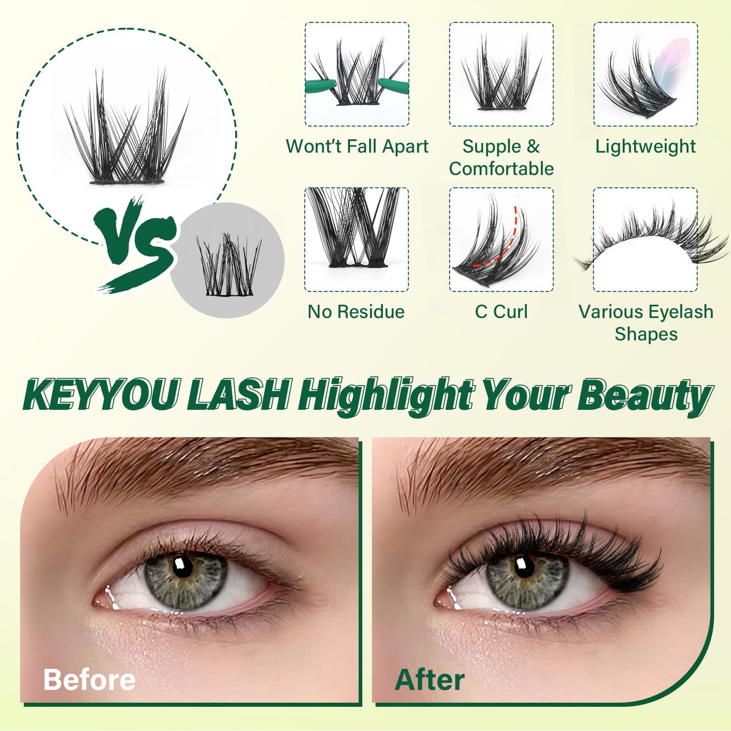 KEYYOU LASH Lash Clusters Kit Manga Lashes 8-18mm C Curl Wispy Lash Cluster Ultra-Thin Natural Lash Cluster with Spike Eyelash Extension Fairy False Eyelash with Remover Bond and Seal（F04 Kit）