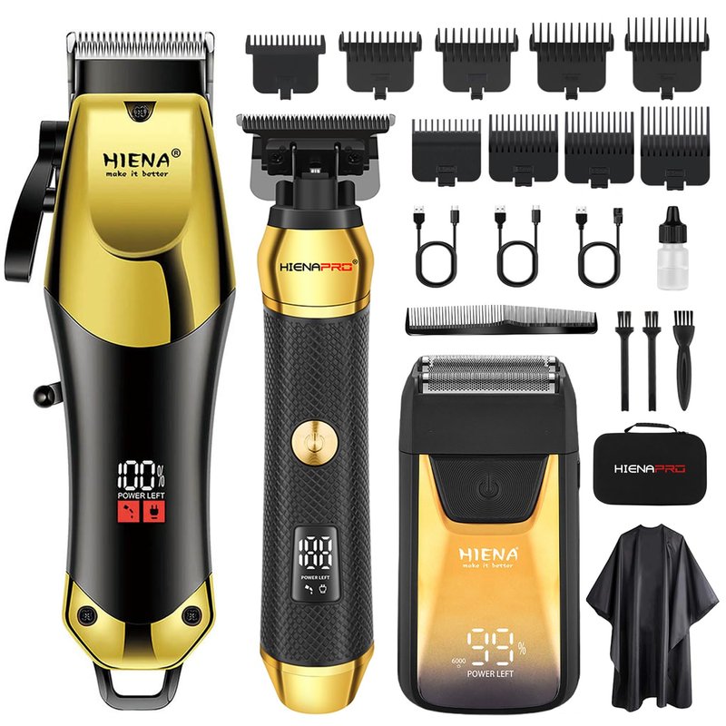 HIENA PRO Professional Cordless Hair Clippers for Men, T-Blade Beard Trimmer & Foil Shaver Set, Rechargeable Barber Clipper Kit and Hair Cutting Set, Facial Grooming Kit with LED Display