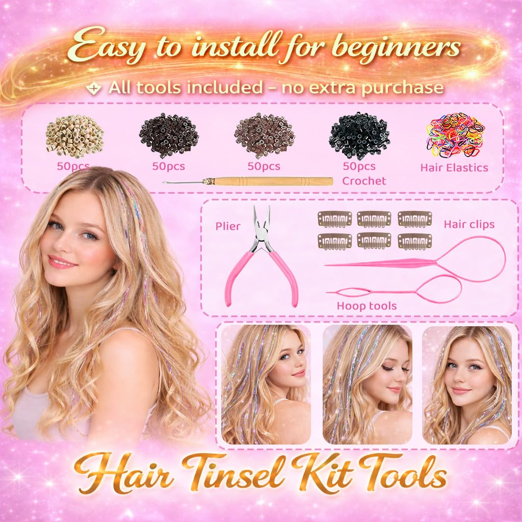 Hair Tinsel Kit - 22 Colors Glitter Hair Extensions for Girls & Women | 48 Inch, 8800 Strands