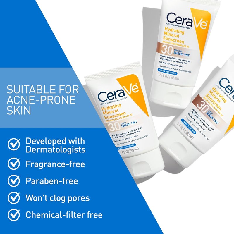 CeraVe Hydrating Mineral Sunscreen SPF 30 - Tinted Zinc Oxide Formula for Healthy Glow | 1.7 Oz