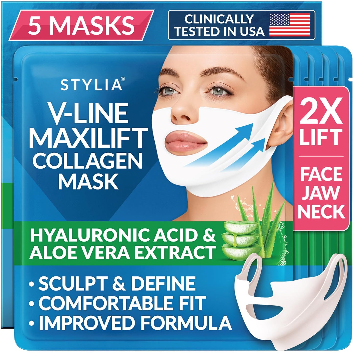 Stylia V Line Lifting Collagen Mask - Firm & Contour Jawline with Hyaluronic Acid & Aloe | 10 Pack