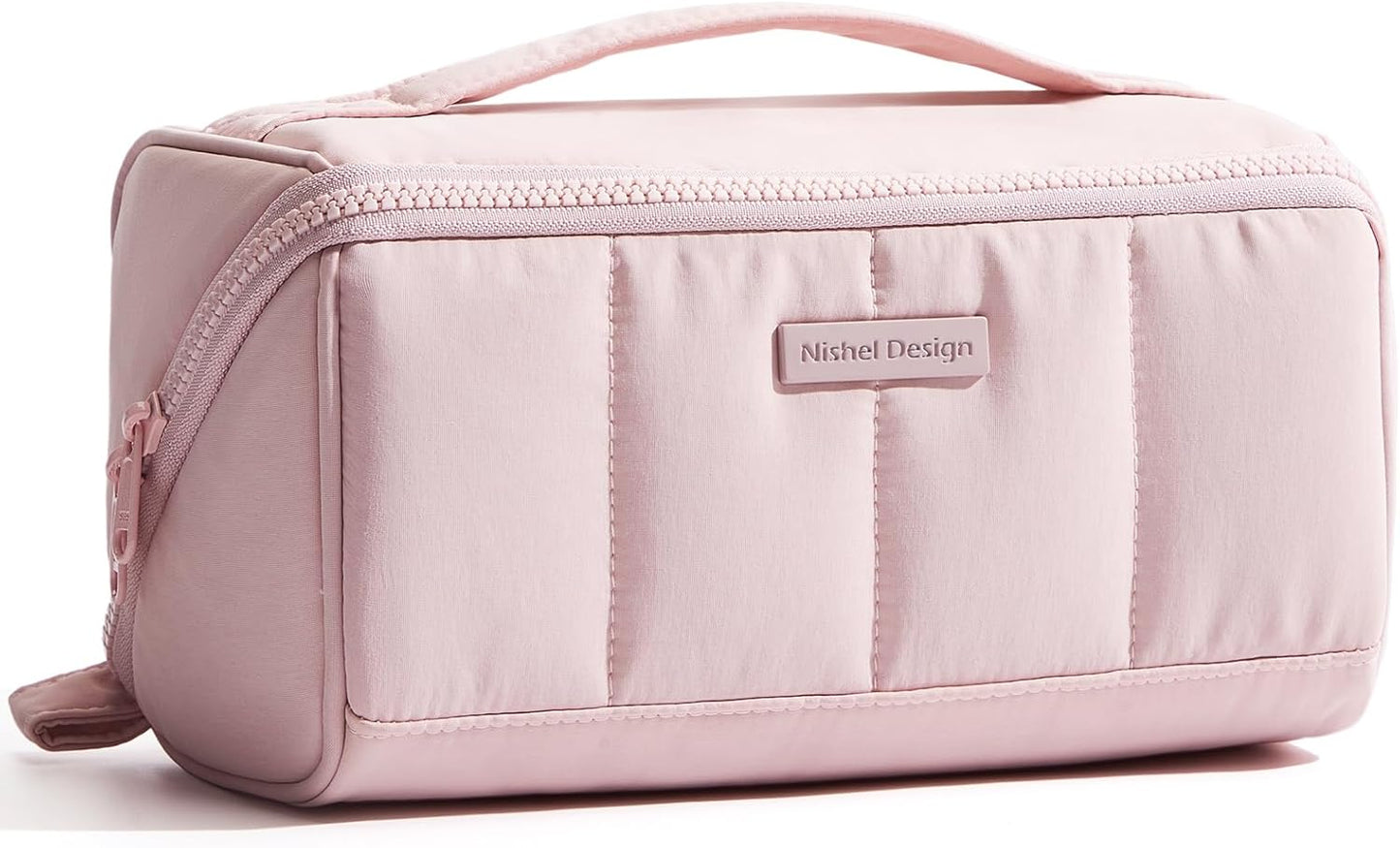 Travel Makeup Bag for Women - Fluffy Lightweight Open Flat Organizer | Multiple Dividers, Beige