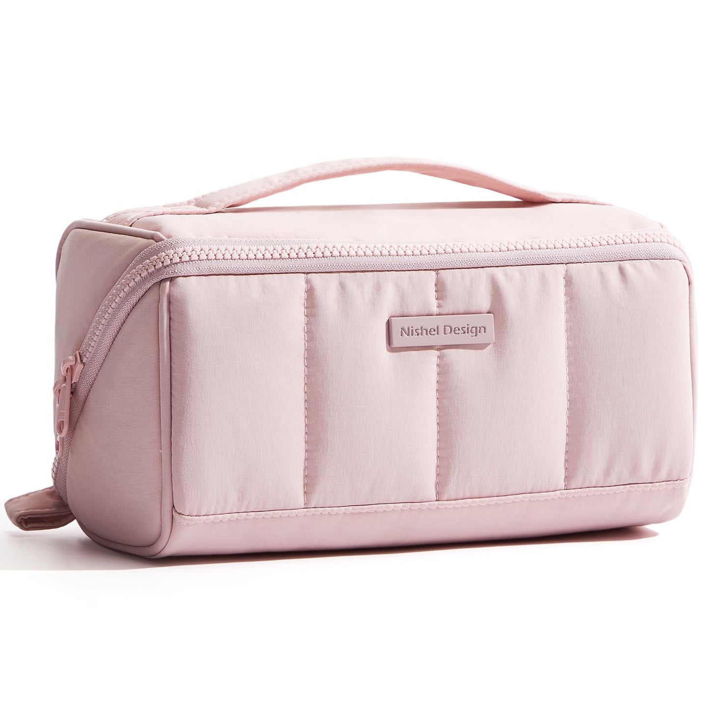 NISHEL Travel Makeup Bag for Women, Fluffy & Lightweight Open Flat Cosmetic Organizer with Multiple Functional Divider for Brush Independent Storage, Handle for Easy Portability, Pink