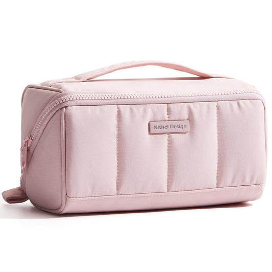 NISHEL Travel Makeup Bag for Women, Fluffy & Lightweight Open Flat Cosmetic Organizer with Multiple Functional Divider for Brush Independent Storage, Handle for Easy Portability, Pink