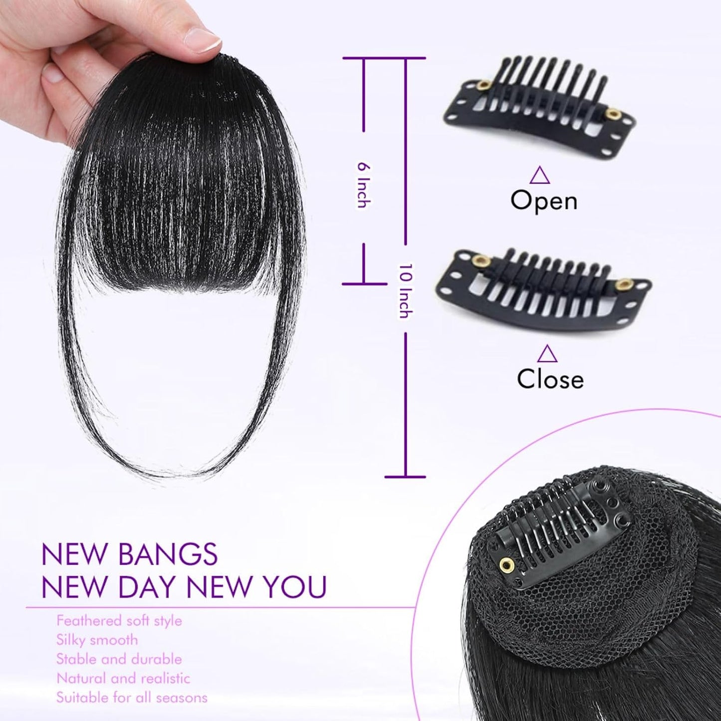 Clip In Bangs - 100% Real Human Hair Extensions | Natural Black Wispy Fringe for Women