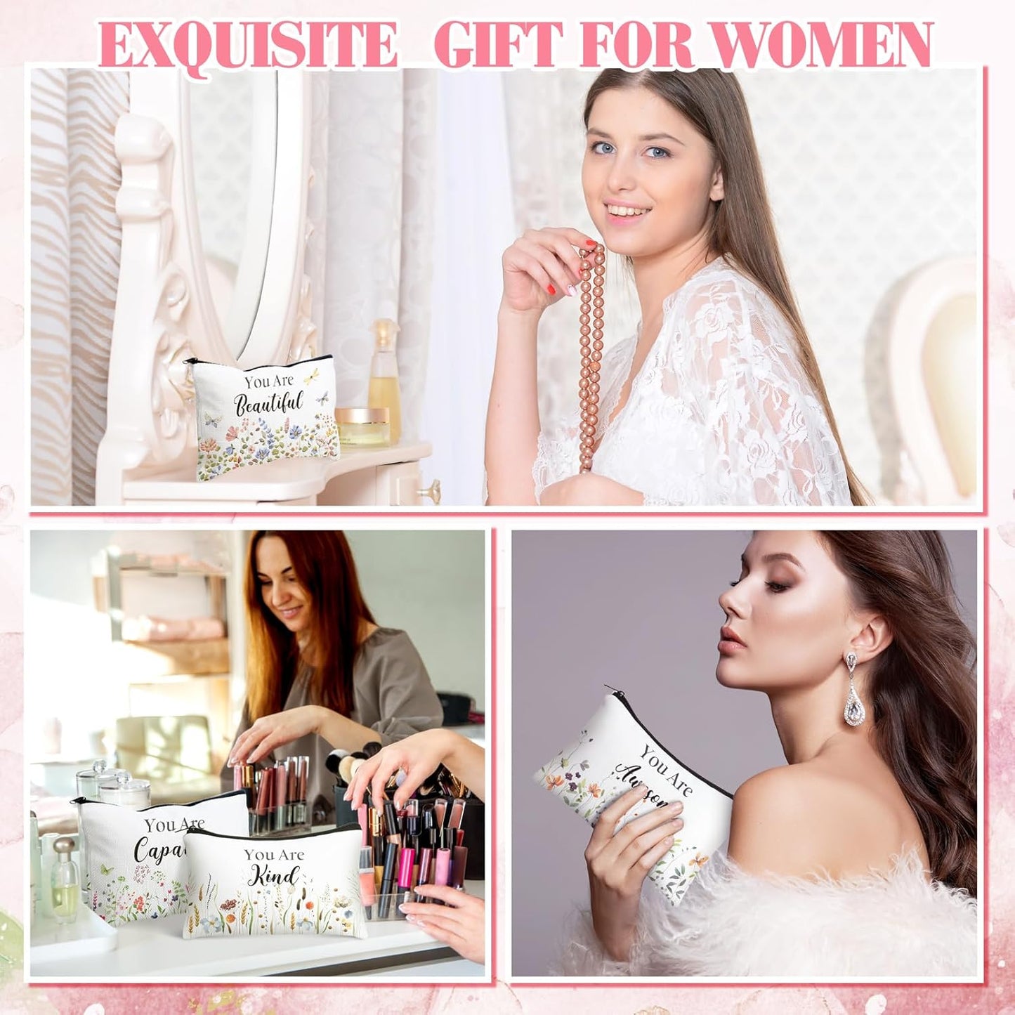 Inspirational Cosmetic Bag Set - 10 Pcs Religious Makeup Pouches for Women | Wildflower & Beige