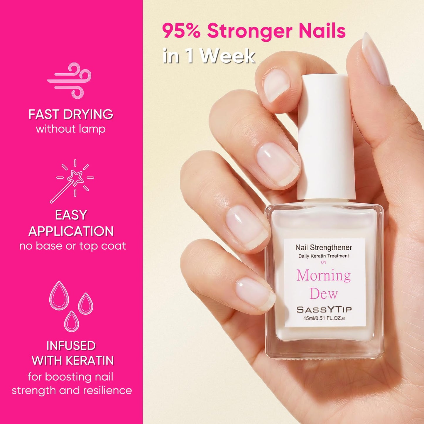 SASSYTIP Nail Strengthener for Damaged Nails - Keratin Nail Hardener & Growth Treatment, Nude Nail Polish Concealer with Jojoba Oil, Nail Care for Women Daily Use & Gift, 15ml (Milky White)