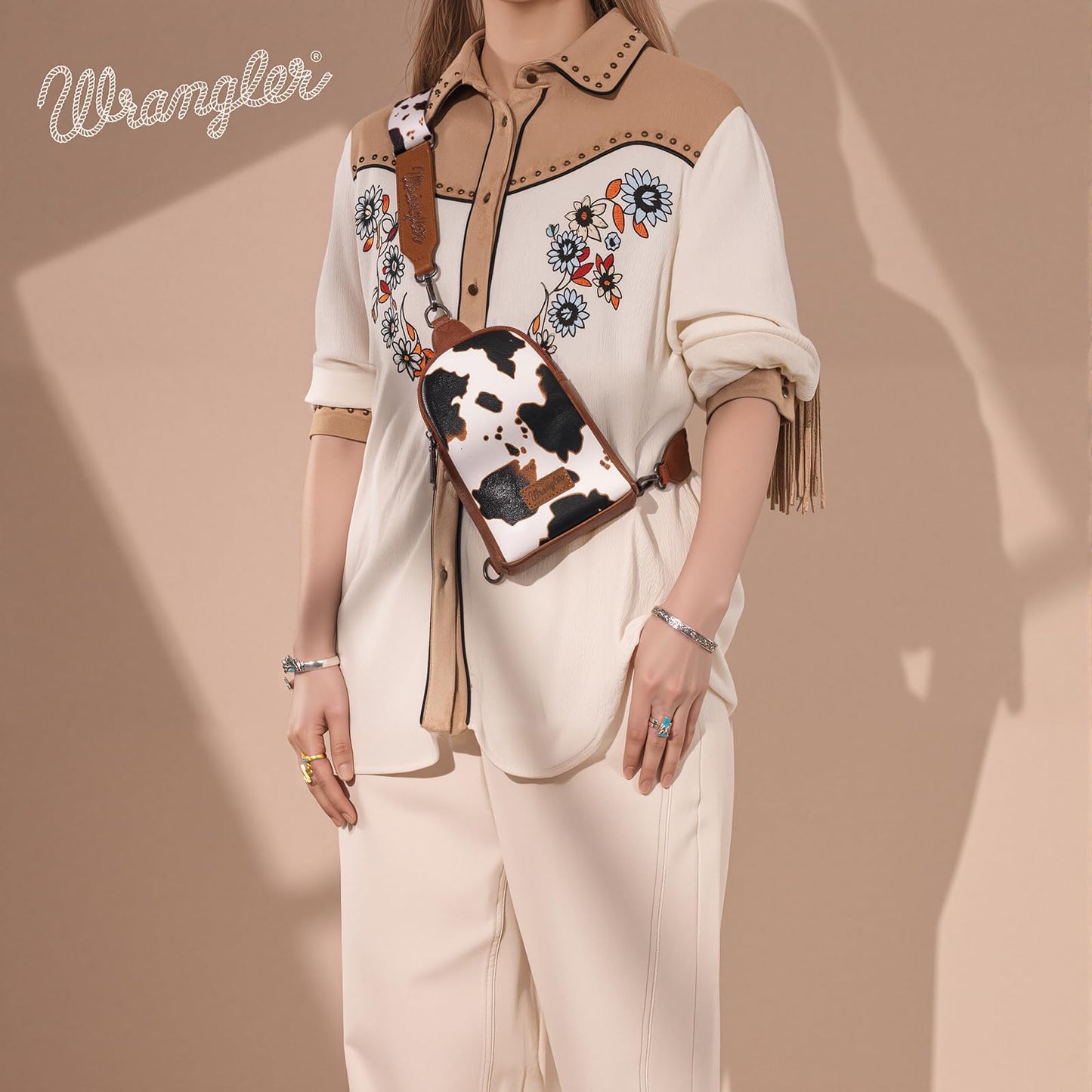 Wrangler Cow Print Crossbody Bags for Women Western Sling Bag with Adjustable Starp Cross Body Purse Brown WG133-210BR
