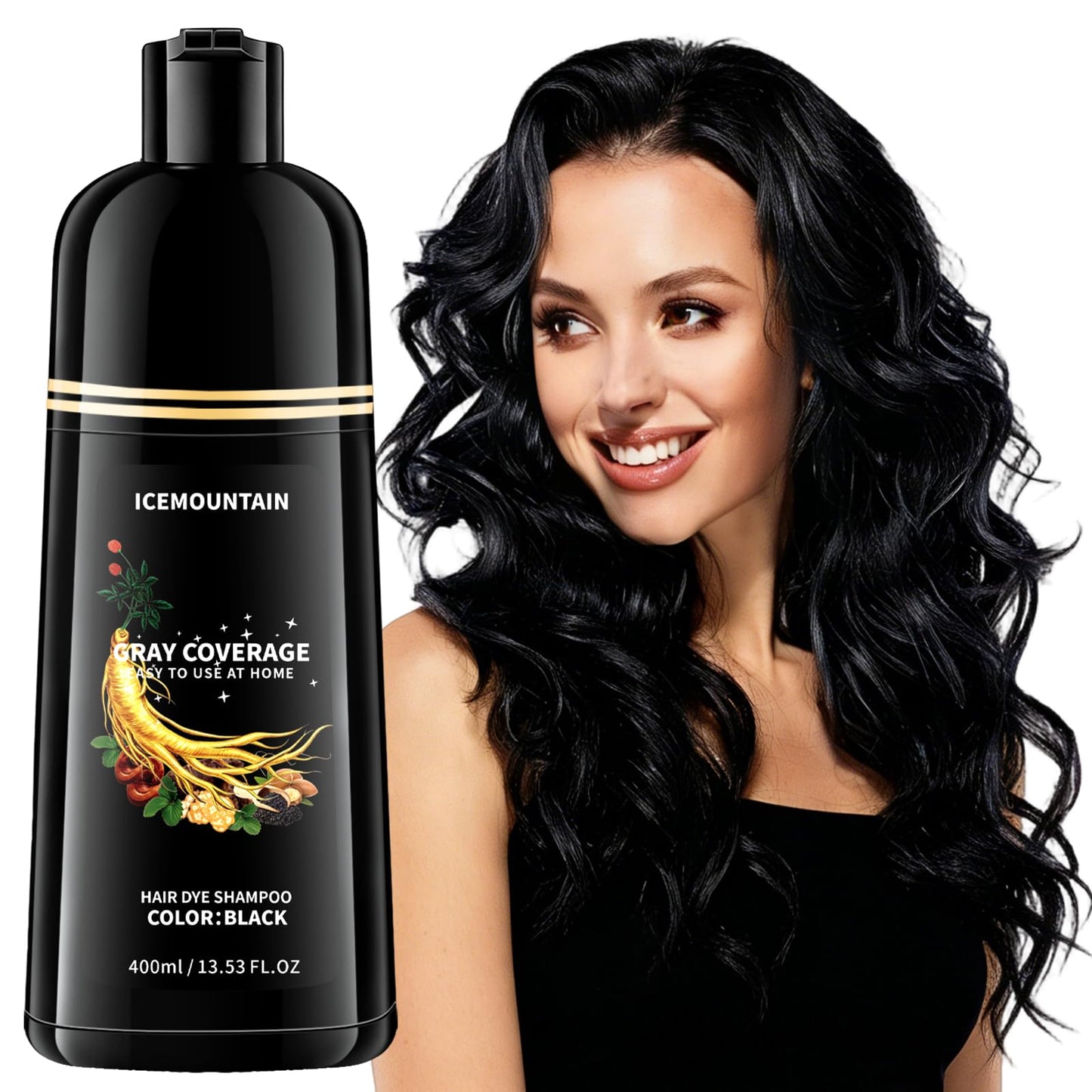 Black Hair Dye Shampoo, Gray Hair Coverage Ammonia Free & Paraben Free Natural Herbal Ingredients Semi Permanent Hair Color Shampoo for Women Men