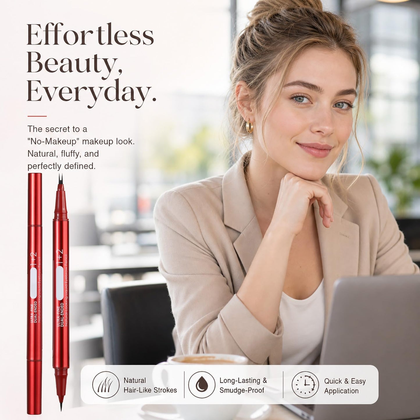 Dual-Ended Faux Brow Pen, Hair-Like Liquid Eyebrow Pencil with Double-Brush Tip & Precise Single Tip, Fast & Easy Makeup for Sparse Brows, Waterproof & Smudge-Proof Eyebrows Dark Brown