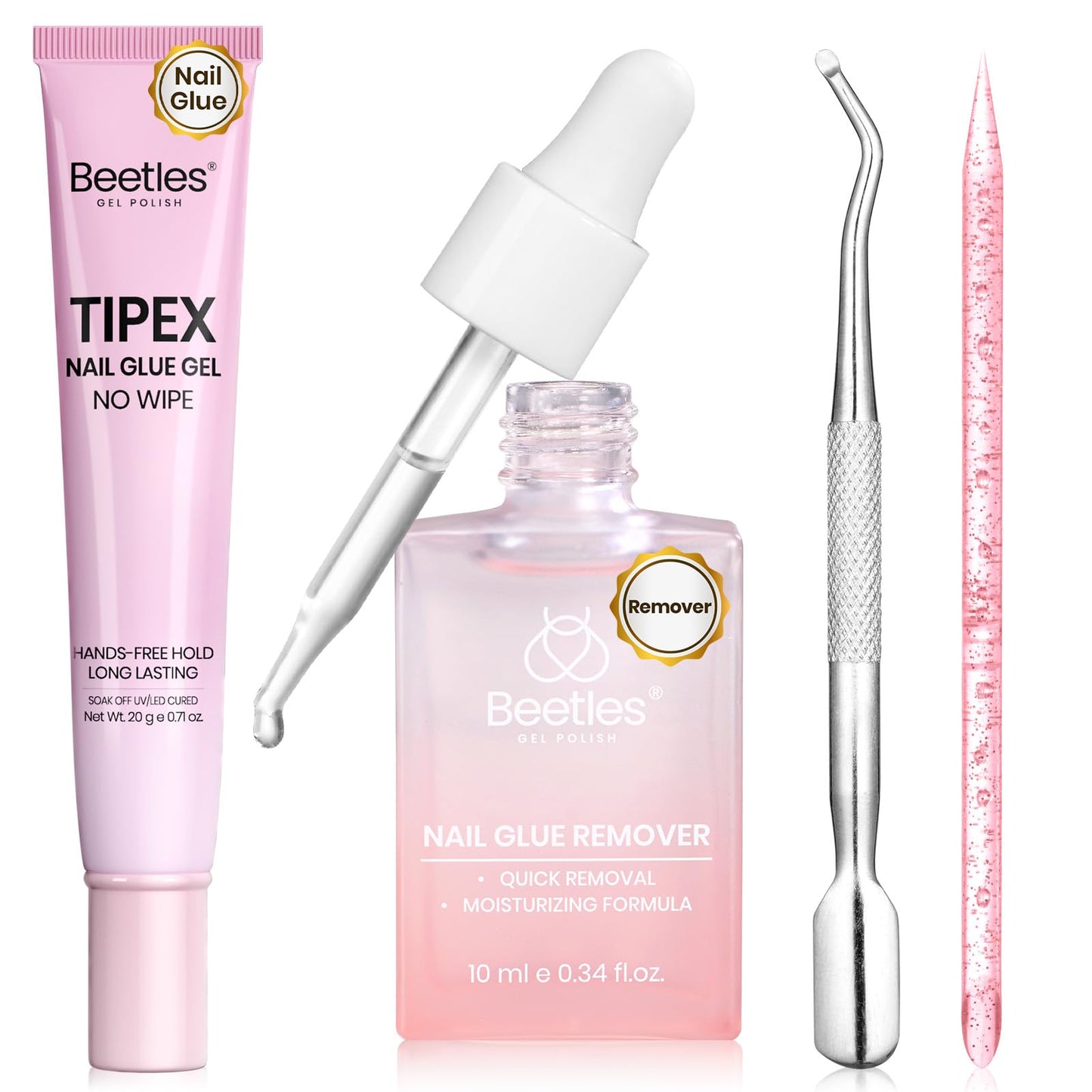 Beetles Gel Nail Glue & Remover Kit, 20g No Wipe Hands-Free Nail Glue for Tipex Soft Gel Nail Tips & Clear Press On Nails, 10ml Nail Remover with Nail Tools, Gentle Formula, Gift for Women
