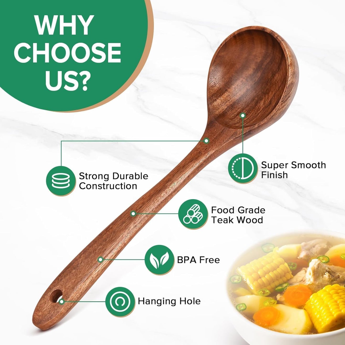 Wooden Ladle - Long Handle Cooking Spoon for Soup & Serving | Durable Kitchen Utensil