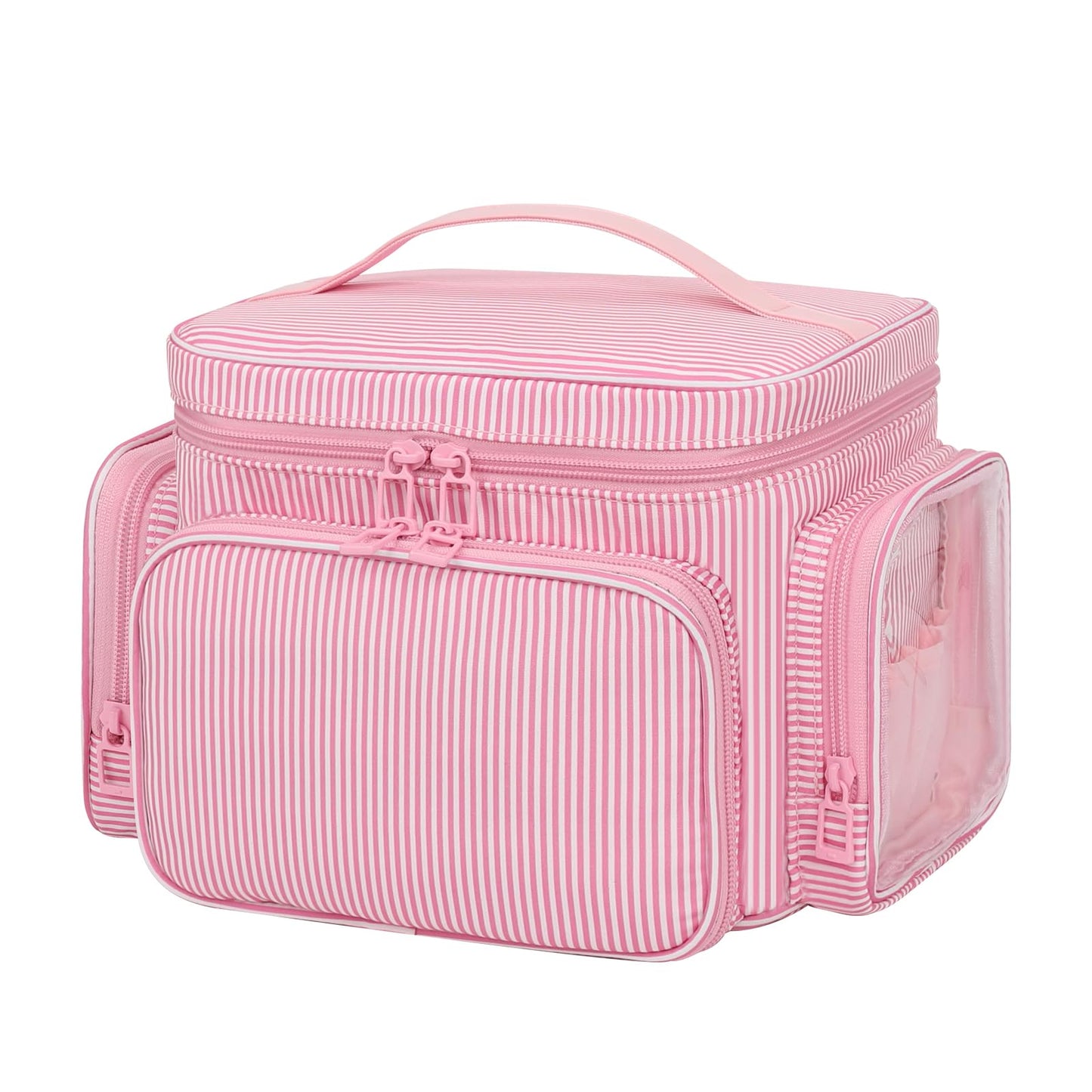 Large Makeup Bag, Portable Travel Makeup Bag Organizer for Women Girls with Makeup Brush Compartment & Two Side Pockets, Cosmetic Travel Bag Vertical Storage Toiletry Bag - Pink Stripe