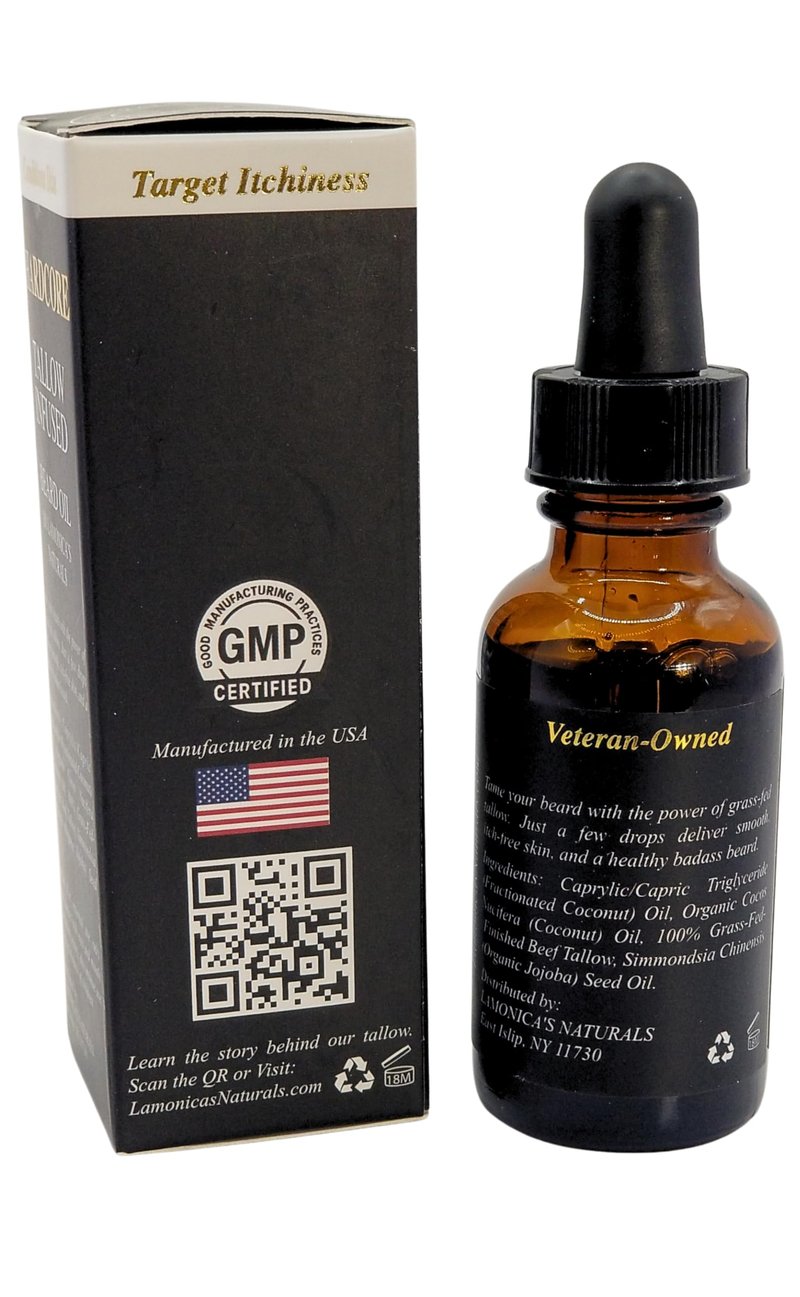 LAMONICA'S NATURALS Tallow-Infused Hardcore Beard Oil for Men – Unscented, 100% Grass-Fed finished tallow & Organic Oils – Softens, Hydrates & Conditions Beard – Grooming Oil for Men Veteran-Owned