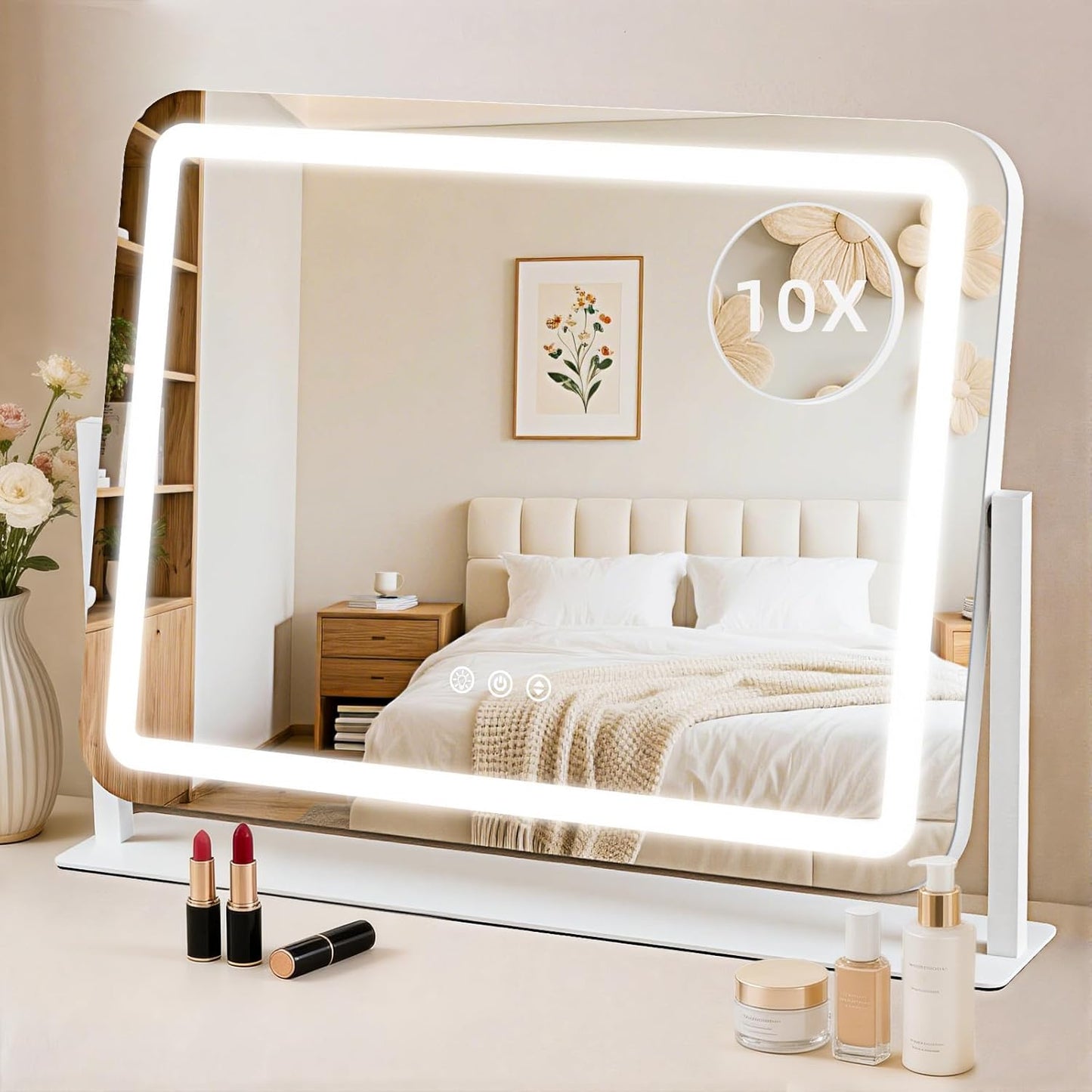 Lighted Makeup Mirror with 10X Magnification - 22"x17", Dimmable 3-Color Lights, Touch Control, 360° Rotation, Metal Frame, Perfect Women's Gift, White