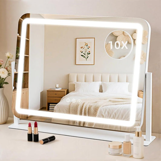 Lighted Makeup Mirror with 10X Magnification - 22"x17", Dimmable 3-Color Lights, Touch Control, 360° Rotation, Metal Frame, Perfect Women's Gift, White