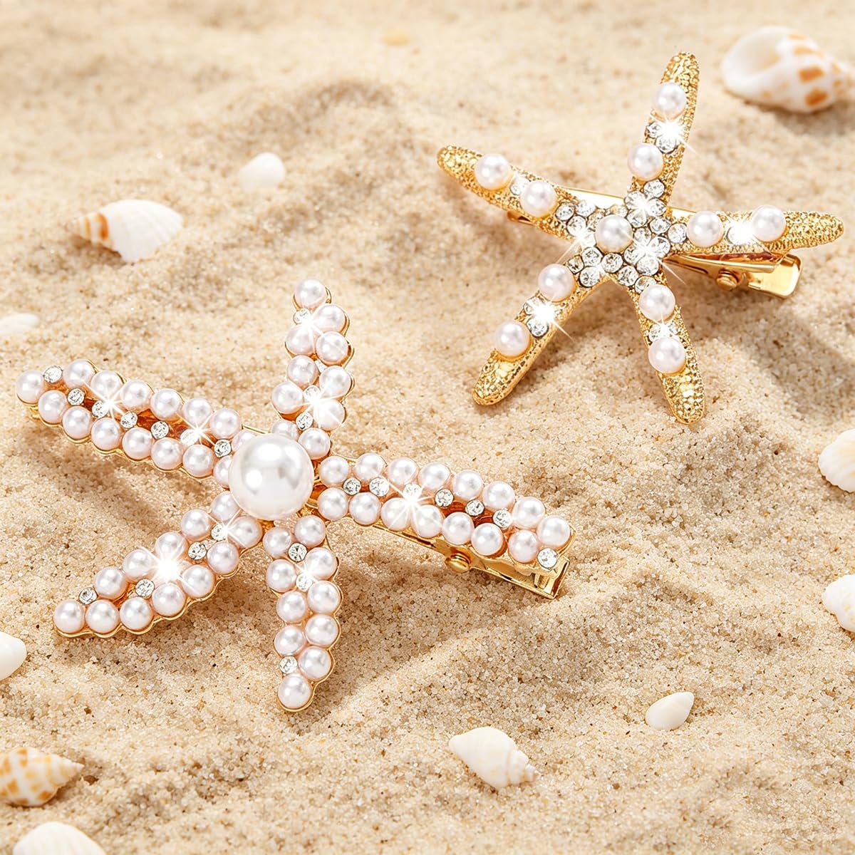 Starfish Hair Clips - Pearl Crystal Rhinestone Barrettes | Non-Slip Ponytail Holders for Weddings & Beach Parties - 2PCS