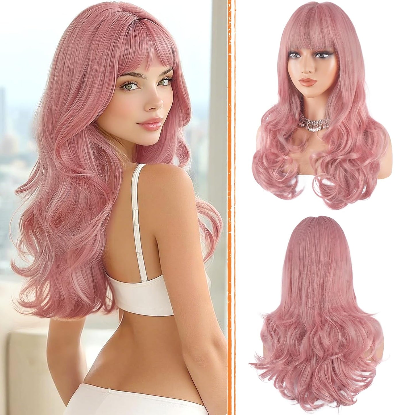 Blonde Wigs with Bangs - Long Wavy Layered Synthetic Hair Wig | Natural-Looking, Heat Resistant, 24 Inch for Daily Wear & Parties