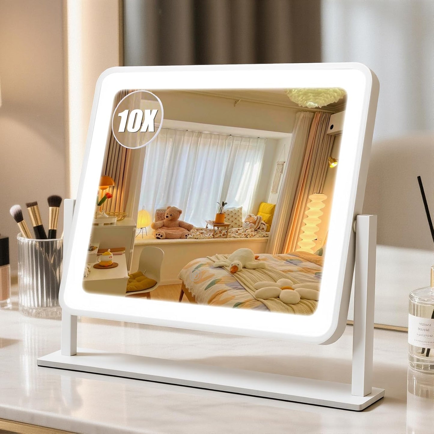 LED Makeup Mirror with Lights - 15" x 12.2" Dimmable Vanity Mirror with Smart Touch & 3-Color Lighting | 360° Rotation, White