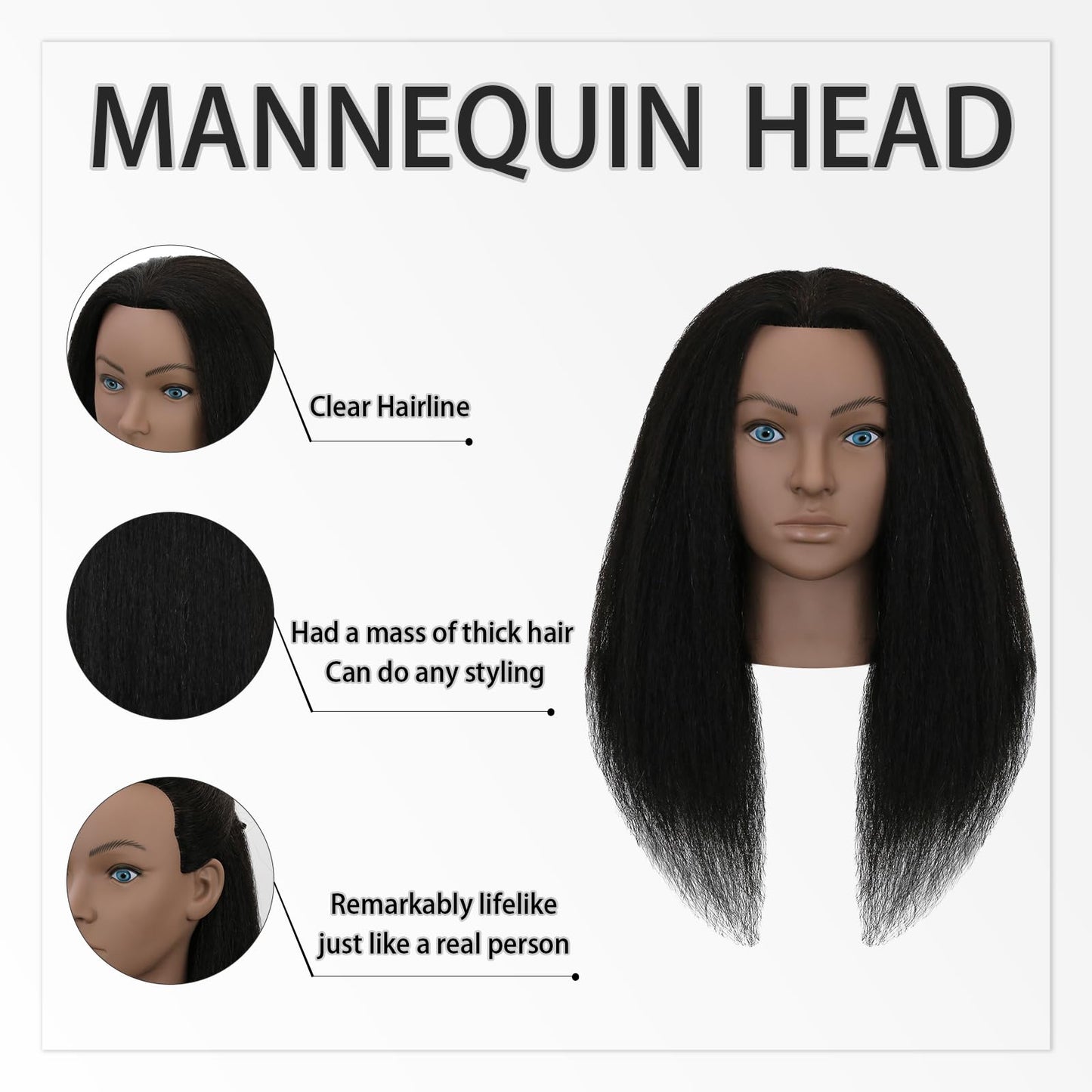 Sirydtm 18" Mannequin Head Human Hair 100% Real Human Hair Mannequin Head Cosmetology Makeup Doll Training Head With Table Clamp Stand for Curling, Cutting Dyeing & Hairdresser School Training