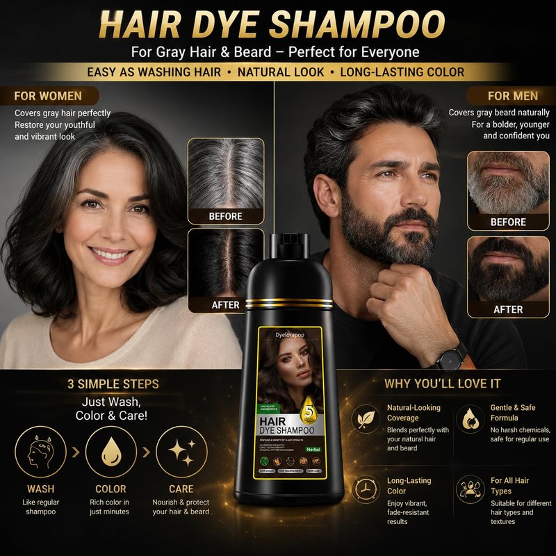 Hair Dye Shampoo 5 in 1 - Herbal Gray Coverage for Women & Men | Nourishing Semi-Permanent Formula, 500ml (Chestnut Brown)