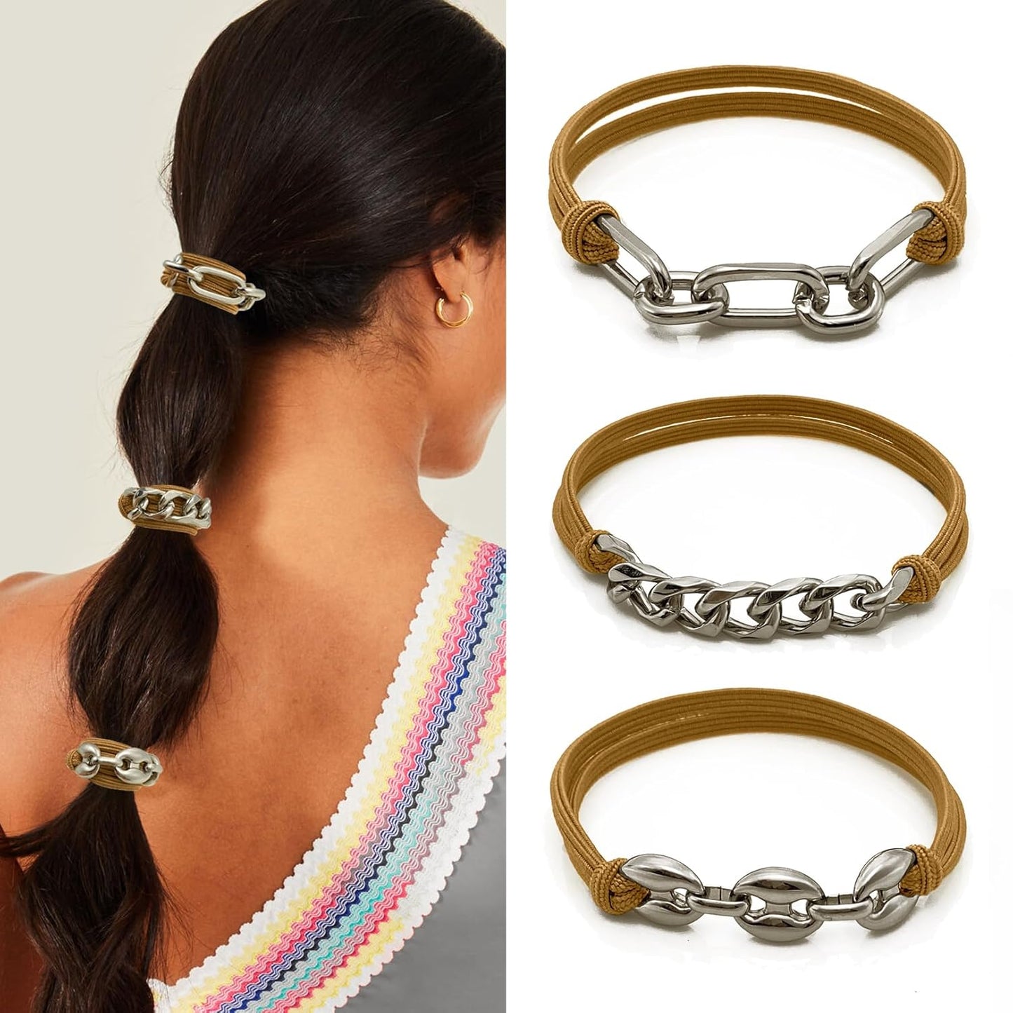 Blonde Boho Hair Ties Bracelet - Trendy Elastic Ponytail Holders with Gold Bead | Ideal for Thick, Thin, Curly Hair (Beige)