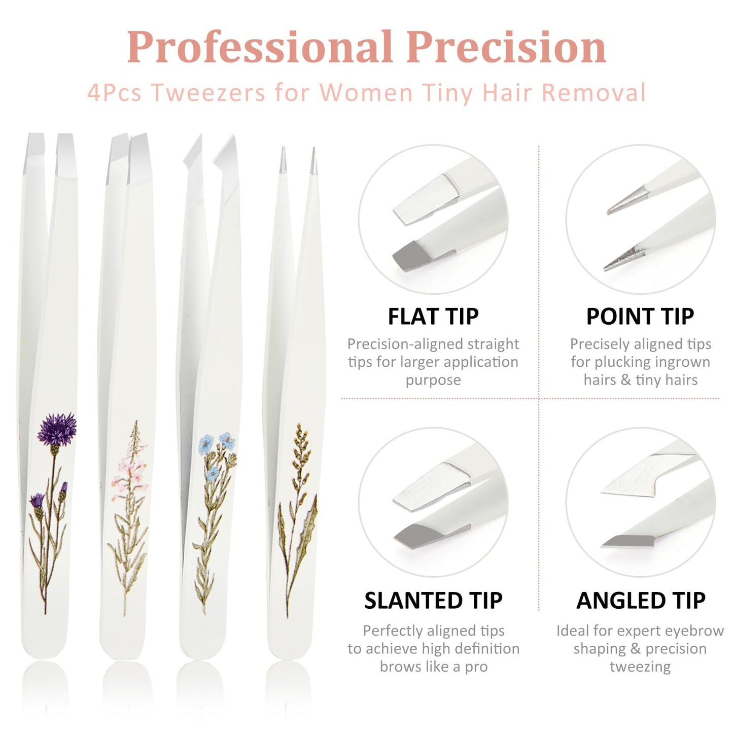 COSHAYSOO Personalized Tweezers Set for Women Facial Hair in Floral Travel Case, Tweezers for Eyebrows Ingrown Hair Splinter Removal Grooming Kit Essentials, Mothers Day Gifts for Mom Daughter Teens