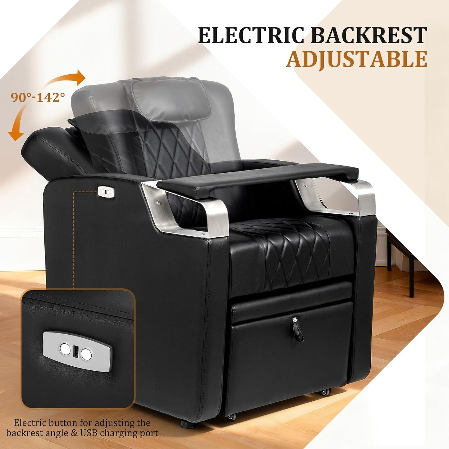 Electric Pedicure Chair - Adjustable Backrest, Movable Hand Pillow & Hidden Storage | Professional Nail Tech Spa Station (Black)