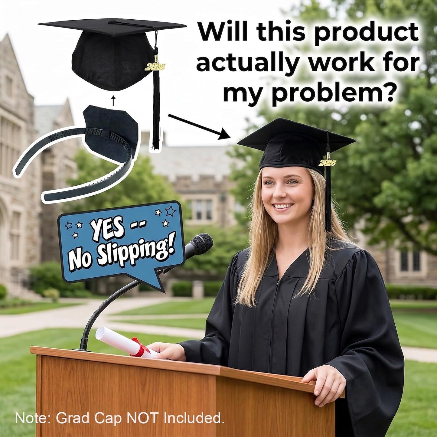 Graduation Cap Headband for Women - Anti-Fall Hairband for Secure Graduation Hats | Black