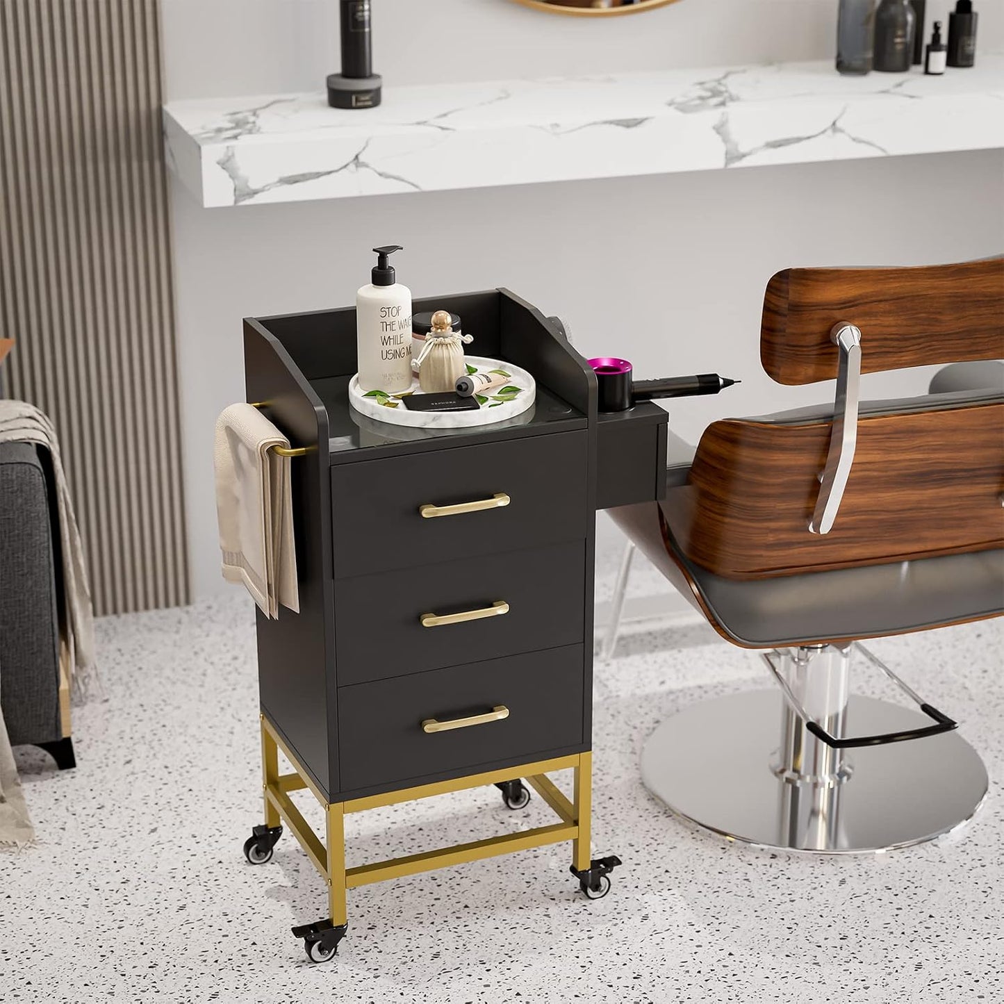 Beauty Salon Storage Trolley Cart - Glass Top Hair Station Cabinet with Lockable Wheels | Black