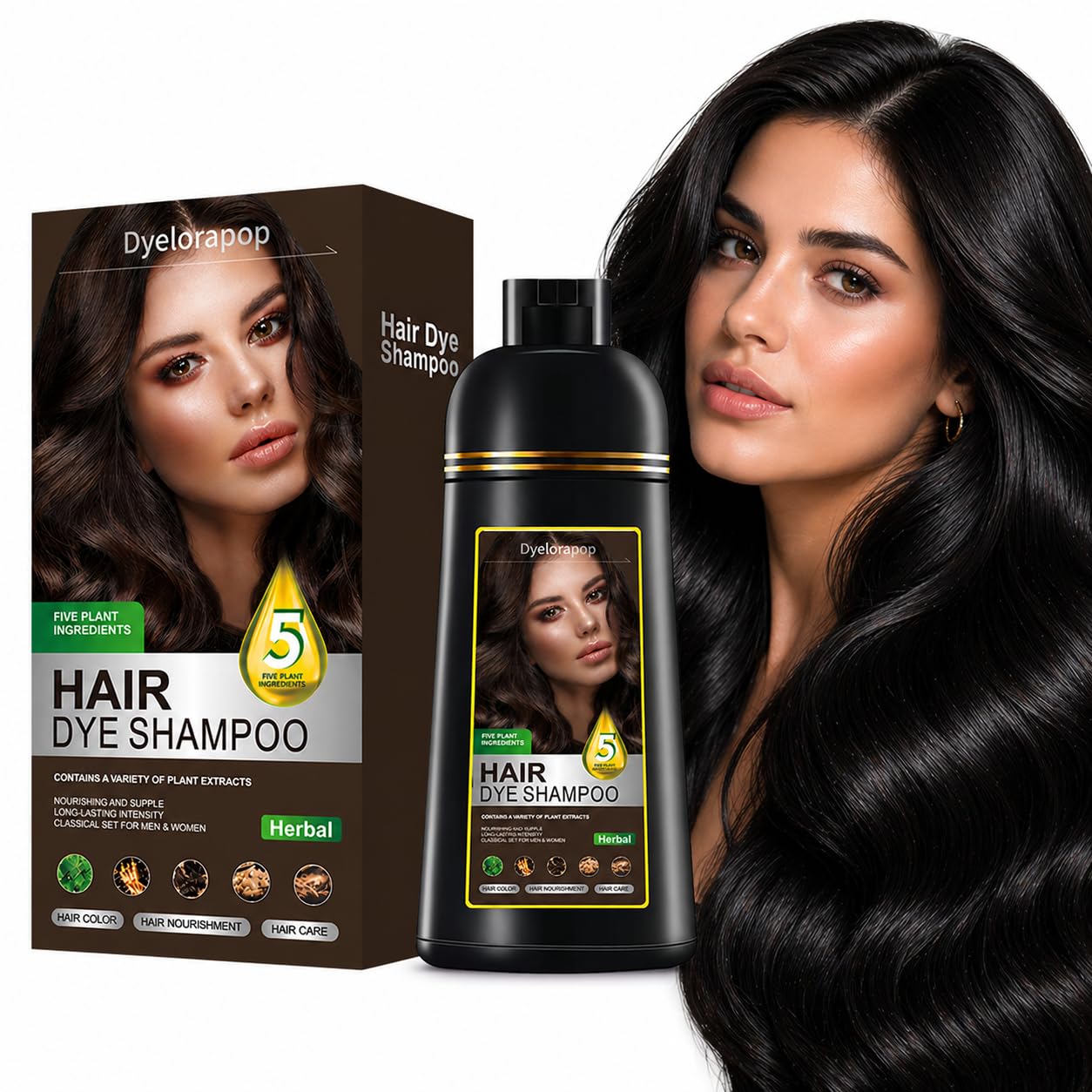 Hair Dye Shampoo - 5 in 1 Herbal Formula for Gray Coverage | Semi-Permanent Argan Color, 500ml (Black)