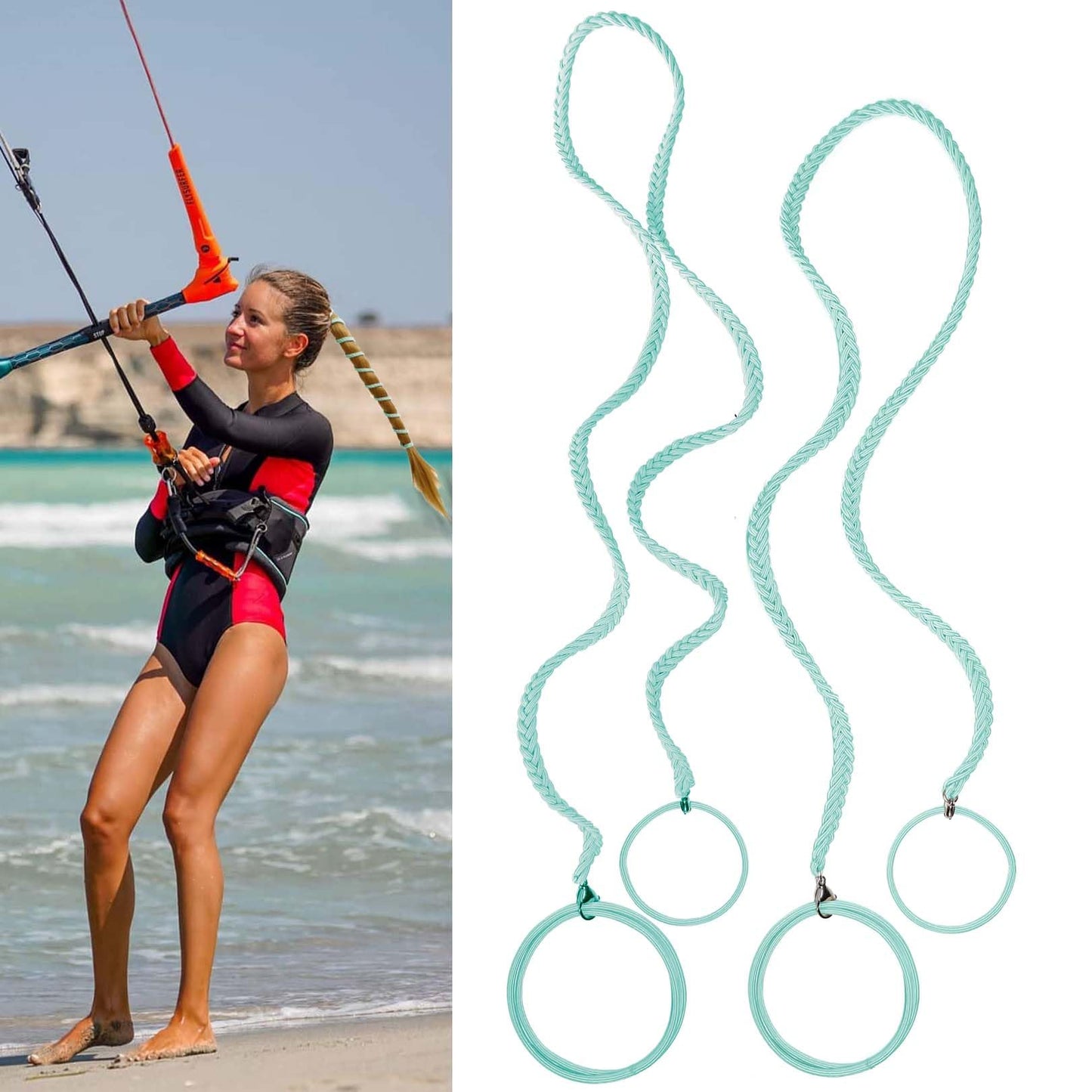 2 Packs (1PC 35"+1PC 25") Green Sport Hair Ties for Women, Strong Elastic Ponytail Holders for Long Thick Curly Hair Anti Breakage Pony Tails Wrap for Swim Diving Motorcycle Rides Skiing Surf