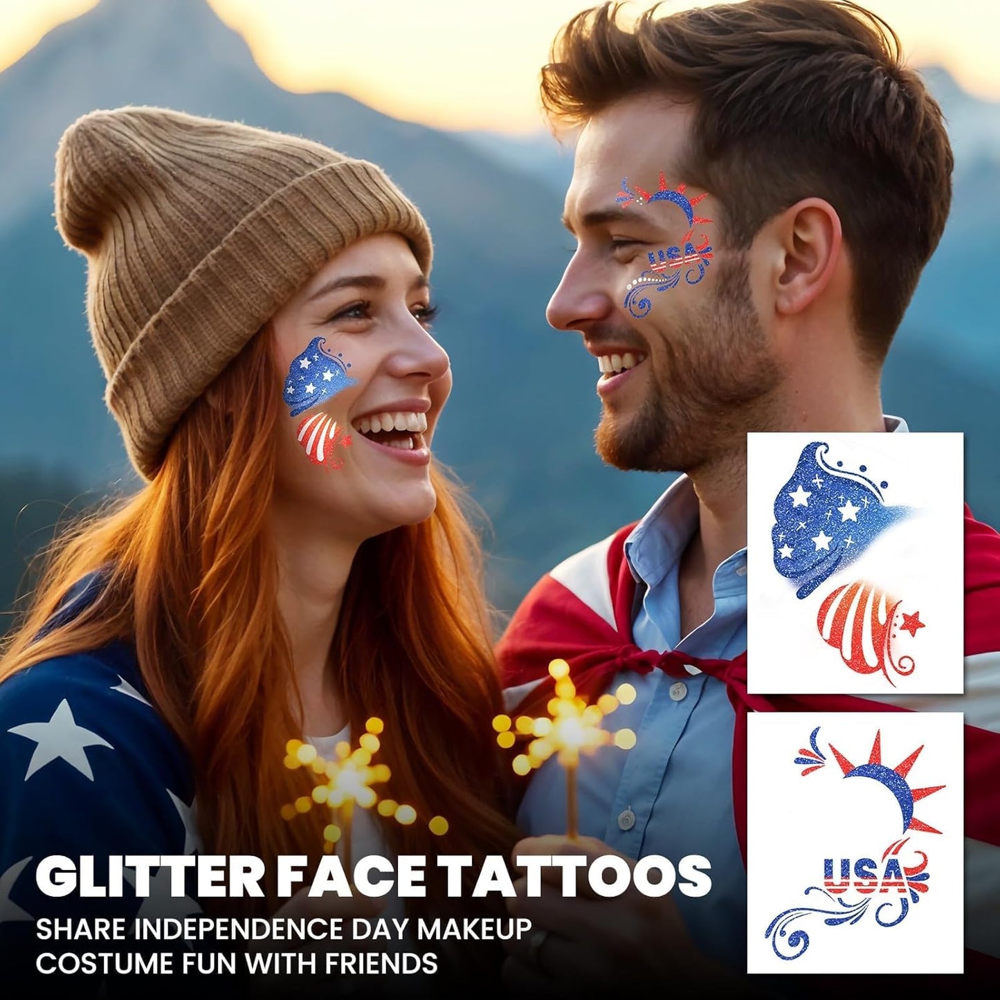 4th of July Face Tattoos - Glitter Freckles & Red White Blue Gems | Patriotic Makeup Accessories for Independence Day